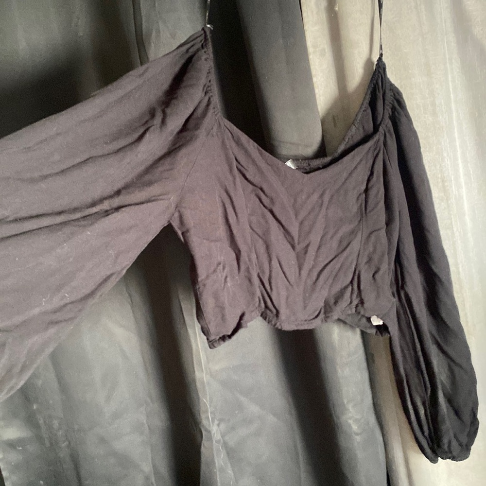 FOREVER 21.  NEVER WORN. DARK BLACK OFF THE SHOULDER, CROPPED, SHIRT